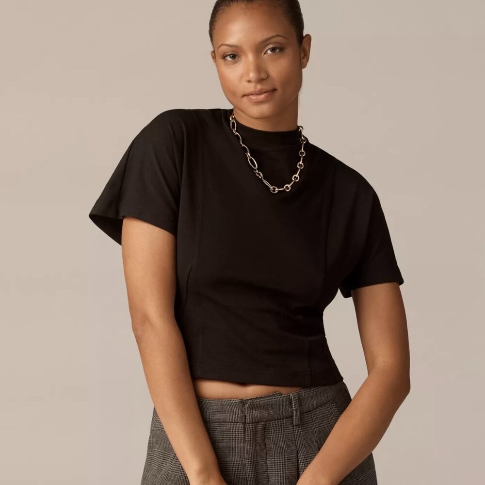 Anthropologie Top Rated Mock Neck Fancy Tee with Fitted Bodice and Flared Sleeve